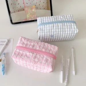 Cute plaid pencil case with bow embroidery, large capacity cosmetic and stationery storage pouch.