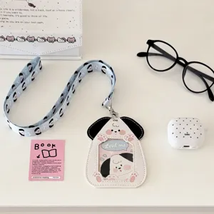 Cute PU card holder with lanyard, kawaii dog design, student campus ID and photo protector.
