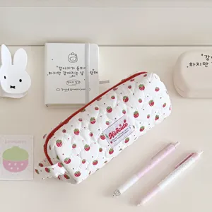 Ins cute strawberry quilted pencil case aesthetic makeup pouch for student school supplies.