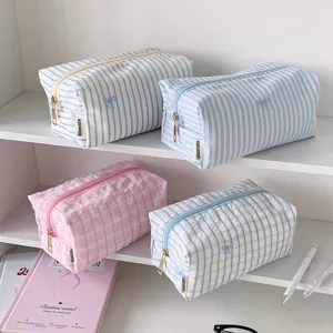 Cute aesthetic plaid and stripe pencil case, large capacity fabric storage bag with bow embroidery.