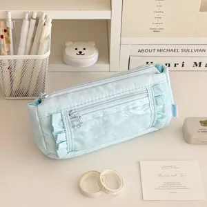 Aesthetic blue star pencil case large capacity cute canvas stationery pouch desk organizer