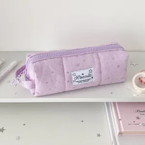 Cute purple canvas pencil case with star pattern, spacious stationery storage bag for students.