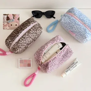 Fluffy leopard print pencil case, large capacity plush cosmetic pouch and cute travel organizer.