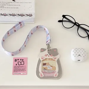 Cute cat PU leather card holder with lanyard student ID bus card protective sleeve cute.