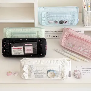 Korean INS Minimalist Polyester Star Pattern Pencil Case Big Capacity Ruffle Stationery Pouch Bag With Clear Window For Students School Storage