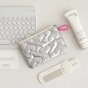 Silver puffy quilted heart pouch portable makeup cosmetic bag cute coin purse storage.