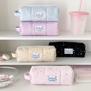 Large capacity quilted pencil pouch with cute star pattern for school and travel stationery storage.