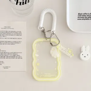 Transparent wave card holder with spring coil lanyard cute acrylic pendant student ID bus card sleeve