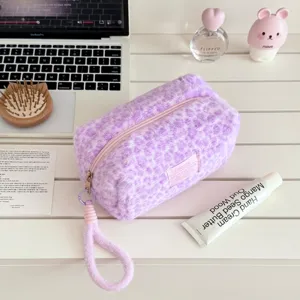 Fluffy purple leopard print pencil case large capacity cosmetic pouch travel toiletry bag