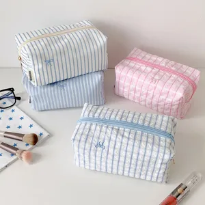 Large capacity stripe plaid pencil case fresh embroidered bow cosmetic storage bag organizer.