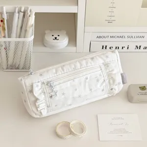 Ins style white star pencil case with cute ruffles, large capacity stationery storage bag.