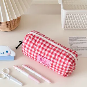 Red and white gingham quilted pencil pouch, aesthetic cute large capacity stationery bag.