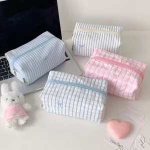 Cute striped plaid pencil pouch large capacity aesthetic cosmetic storage bag detail