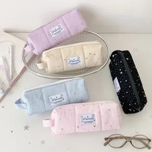 Detailed view of cute star pattern canvas pencil case and stationery storage in multi colors.