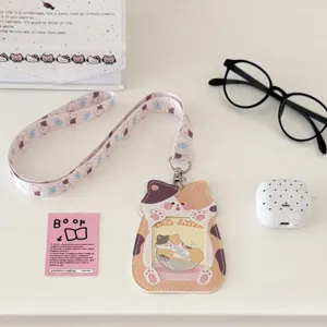 Cute cat PU card holder with soft lanyard, ideal for student ID badge or bus card access.