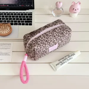 Fluffy leopard print pencil case large capacity travel makeup bag stylish stationery pouch