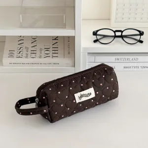 Brown quilted pencil case with pink hearts, portable student stationery pouch and makeup bag.