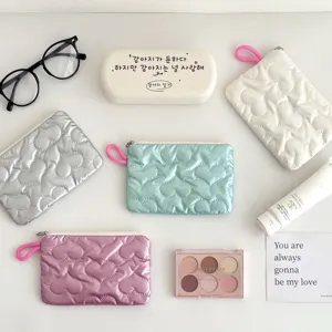 Korean ins style heart quilted pouch portable cosmetic makeup coin storage bag aesthetic