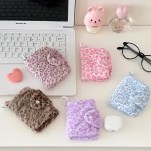 Korean Style Plush Leopard Print Mini Coin Purse For Women Students Snap Button Keychain Card Storage Earphone Bag
