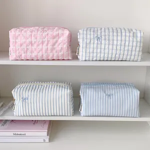 Cute plaid striped pencil bag large capacity cosmetic pouch with bow embroidery aesthetic stationery storage