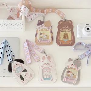 Cute animal PU card holder with lanyard student ID bus pass badge protective sleeve