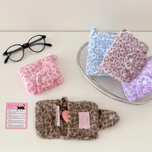 Korean plush leopard print mini wallet cute fluffy card holder coin purse snap closure