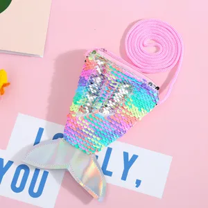 Mermaid tail sequin crossbody bag detail shot, showing sparkling colorful sequins and lanyard.