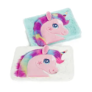 Cute A5 plush unicorn notebook with pink embroidered design and colorful mane for students girls