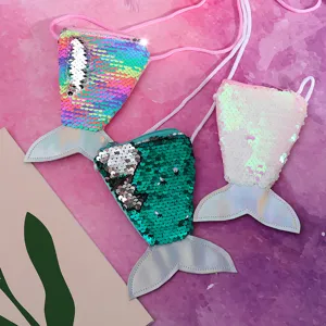 Kids mermaid tail sequin crossbody coin purse with lanyard, cute sparkling small wallet for girls.