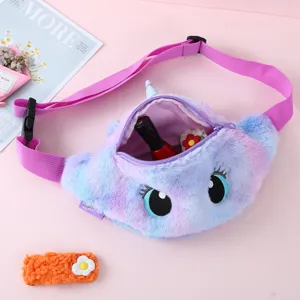 Plüsch Brusttasche Detail, bunte flauschige Einhorn Umhängetasche mit bestickten Augen für Kinder.