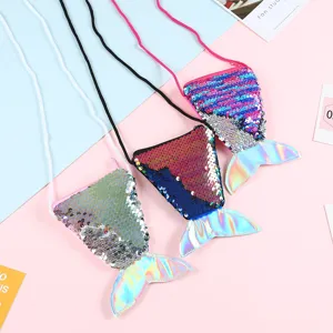 Kids mermaid tail sequin crossbody coin purse cute glitter shoulder bag for girls