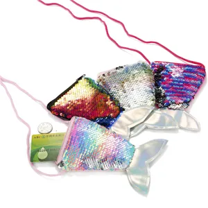 Children sequin mermaid tail crossbody coin purse, cute glittering wallet with pink lanyard.