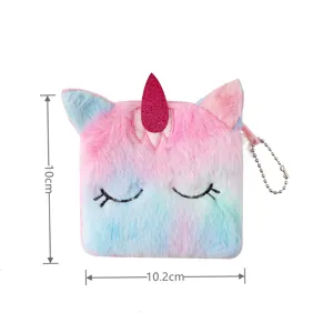 Adorable fluffy unicorn plush coin purse with glitter horn and handy ball chain, 10x10.2cm.