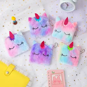 Cartoon Unicorn Plush Coin Purse Gradient Tie-dye Mini Pouch With Metal Chain Embroidered Small Storage Bag For Kids Girls Gift