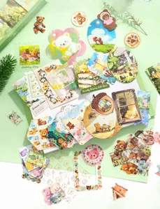 Bosgroen schattig beren sticker memo blok set, esthetisch vintage journal scrapbooking materiaal.
