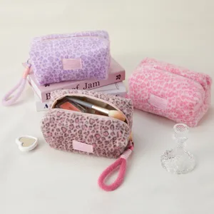 Plush leopard print cosmetic bag large capacity cute pencil case portable travel toiletry pouch