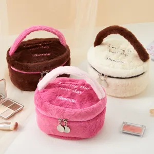 Cute plush cosmetic bag detail, fluffy vanity case and travel storage for makeup and lipstick.