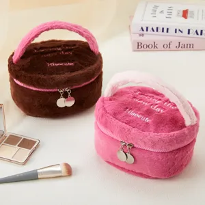 Plush cosmetic bag with handle and zipper, cute travel makeup storage pouch for daily use.