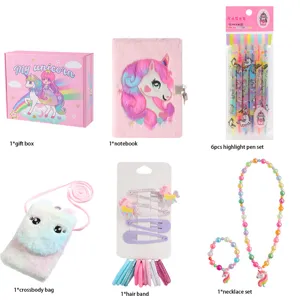 Cute unicorn stationery and gift set for kids, including notebook, pens, bag and jewelry.