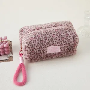 Fluffy leopard print pencil pouch cute plush cosmetic bag travel makeup organizer with handle