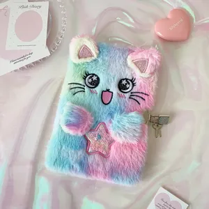 Cute gradient plush cat notebook with lock and sequin star pocket for daily journaling.