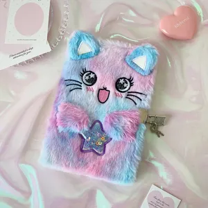 Cute plush cat notebook detail, pastel gradient furry cover with sparkly eyes and lock.