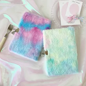 Fluffy gradient plush notebook with lock, cute diary and planner for students and journaling.