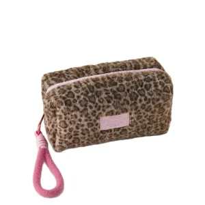 Korean plush leopard pencil case, large capacity portable cosmetic bag and travel storage pouch.