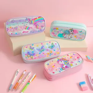 Cute unicorn and butterfly large capacity pencil case for students, stylish stationery storage bag.