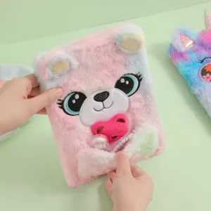 Cute plush diary notebook with big eyes embroidery, soft pastel fuzzy cover and pocket.