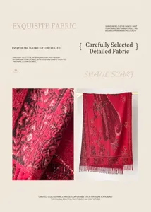 Detail eines Vintage-Jacquard-Musters und Fransen an einem roten Schal