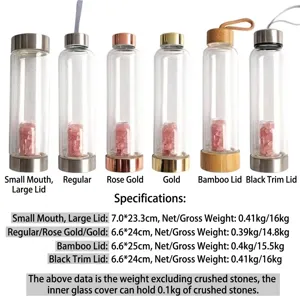 Kristall-Glasflaschen-Varianten mit Bambus-, Gold- und Roségolddeckeln und Maßen.