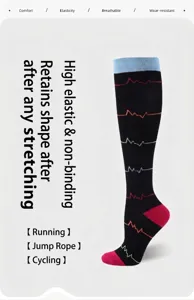 Detailed view of black sports compression socks with colorful heartbeat pattern for running