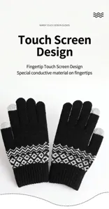 Primer plano de guantes de punto negros con puntas táctiles y patrones blancos de invierno